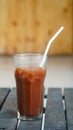 Cold chocolate in a glass cup. Focus selected Royalty Free Stock Photo