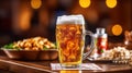 Cold, clear, light beer with foam in a faceted glass on the table with snacks in the pub. Generative AI Royalty Free Stock Photo