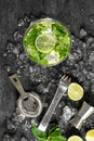 Cold cocktail with lime, mint, ice. Drink making tools Royalty Free Stock Photo