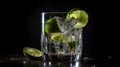 Cold cocktail with lime, tonic, vodka and ice on dark background, generative ai