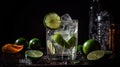 Cold cocktail with lime, tonic, vodka and ice on dark background, generative ai