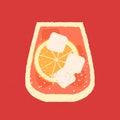 Cold cocktail with orange and ice cubes. Tumbler glass for bar. Vector with texture