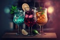 Cold cocktails drinks on the bar background, refreshing tasty alcoholic and non-alcoholic drinks, generated ai