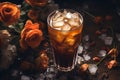 cold coffee near flowers background