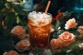 cold coffee near flowers background