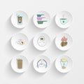 cold coffee, set of sieves for coffee, cup of coffee and high-speed coffee delivery icons on plate illustration set Royalty Free Stock Photo