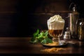 Cold coffee with vanilla ice cream in a glass on a black wooden background. Irish coffee delight Royalty Free Stock Photo