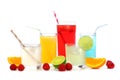 Cold colorful summer drinks with fruit isolated on white Royalty Free Stock Photo