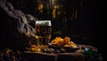 Cold craft beer, nuts, empty space in a moody environment