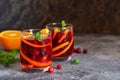 Cold cranberry juice with orange and mint.