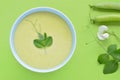 Cold creamy green pea soup and pea pod. Royalty Free Stock Photo