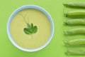 Cold creamy green pea soup and pea pod. Royalty Free Stock Photo