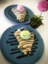 Cold crepe with chocolate, vanilla ice-cream Royalty Free Stock Photo