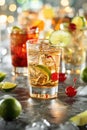 Cold Cuba Libre cocktail with rum, cola, lime, and ice garnished with a cherry Royalty Free Stock Photo