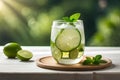 cold cucumber water, lemonade in a glass with slices of lime and lemon over wooden background, detox drink created with Royalty Free Stock Photo