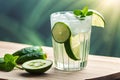 cold cucumber water, lemonade in a glass with slices of lime and lemon over wooden background, detox drink created with Royalty Free Stock Photo