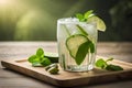 cold cucumber water, lemonade in a glass with slices of lime and lemon over wooden background, detox drink created with Royalty Free Stock Photo