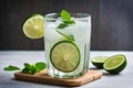 cold cucumber water, lemonade in a glass with slices of lime and lemon over wooden background, detox drink created with Royalty Free Stock Photo