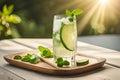 cold cucumber water, lemonade in a glass with slices of lime and lemon over wooden background, detox drink created with Royalty Free Stock Photo