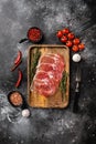 Cold cured Italian meat, on black dark stone table background, top view flat lay, with copy space for text