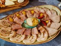 cold cuts with mustard and horseradish. meat cuts on a plate. Royalty Free Stock Photo