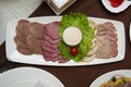 Cold cuts on a rectangular white plate. Royalty Free Stock Photo