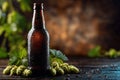 Cold Dark Beer Bottle with Barley and Hops in Cinematic Macro Style Royalty Free Stock Photo