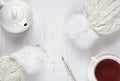 Cold day in winter with hot tea and warm clothes Royalty Free Stock Photo