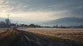 Cold And Detached Atmosphere: Grassy Field Road In Italian Landscapes