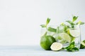 Cold detox summer mineral water with lime, mint, ice, straw on soft white background, copy space.
