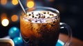 Cold drink with caramel and tapioca on dark background.