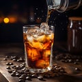 Cold drink with espresso and tonic in glass on black background. Cold espresso coffee tonic in a glass with ice on a wooden table