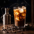 Cold drink with espresso and tonic in glass on black background. Cold espresso coffee tonic in a glass with ice on a wooden table