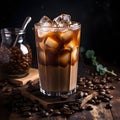 Cold drink with espresso and tonic in glass on black background. Cold espresso coffee tonic in a glass with ice on a wooden table