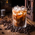 Cold drink with espresso and tonic in glass on black background. Cold espresso coffee tonic in a glass with ice on a wooden table