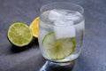 Cold drinking mineral water served in glass with ice cubes and green lime Royalty Free Stock Photo