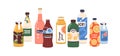Cold drinks in bottles. Lemonades, sweet juices, summer refreshments, iced soda, fruit milk, flavoured fizzy beverages