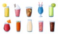 Cold drinks. Cartoon ice tea and lemonade with citrus and berries in different glasses with straws. Sketch of soda and