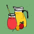 Cold drinks with fruits and berries. Jar and glass with fresh smoothie. Colorful square vector illustration on green