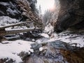 Cold early winter mountain forest landscape in Slovakia Tatry mountain. Small creek flowing down and washing the huge boulders on