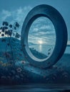 cold evening light passing through circular stone frame in moody coastal landscape Royalty Free Stock Photo