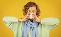 Cold flu symptoms. Sick woman blowing nose. Chronic sinusitis. Contagious respiratory disease. Influenza infection Royalty Free Stock Photo