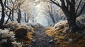 A cold freezing path through a dense forest