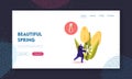 Cold and Freezing Spring Time Weather Landing Page Template. Tiny Male Character Carry Huge Snowflake at Blooming Tulips