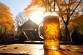 Cold fresh brilliance delicious unbottled craft beer foam mug glass keg beer table outside autumn. Brewery alcohol non