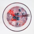 Cold fresh drink with fruits and ice. Summer refreshment. Water in glass.