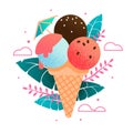 Cold Fresh Ice Cream Cartoon on Tropical Leaves Royalty Free Stock Photo