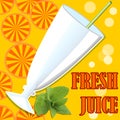 Cold fresh juice, template with glass, straw, bubbles, orange juicy slices and mind leaf on orange summer background