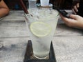 Cold and Fresh Lemon soda juice on wooden table Royalty Free Stock Photo