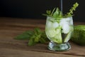 Cold fresh lemonade with cucumber, ice and mint leaves over wooden table and black background. Fresh summer drink in glass. Copy s Royalty Free Stock Photo